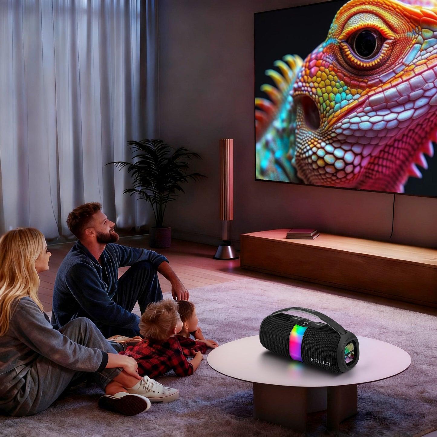 Family movie night with the Mello Nomix RGB Bluetooth speaker in a living room