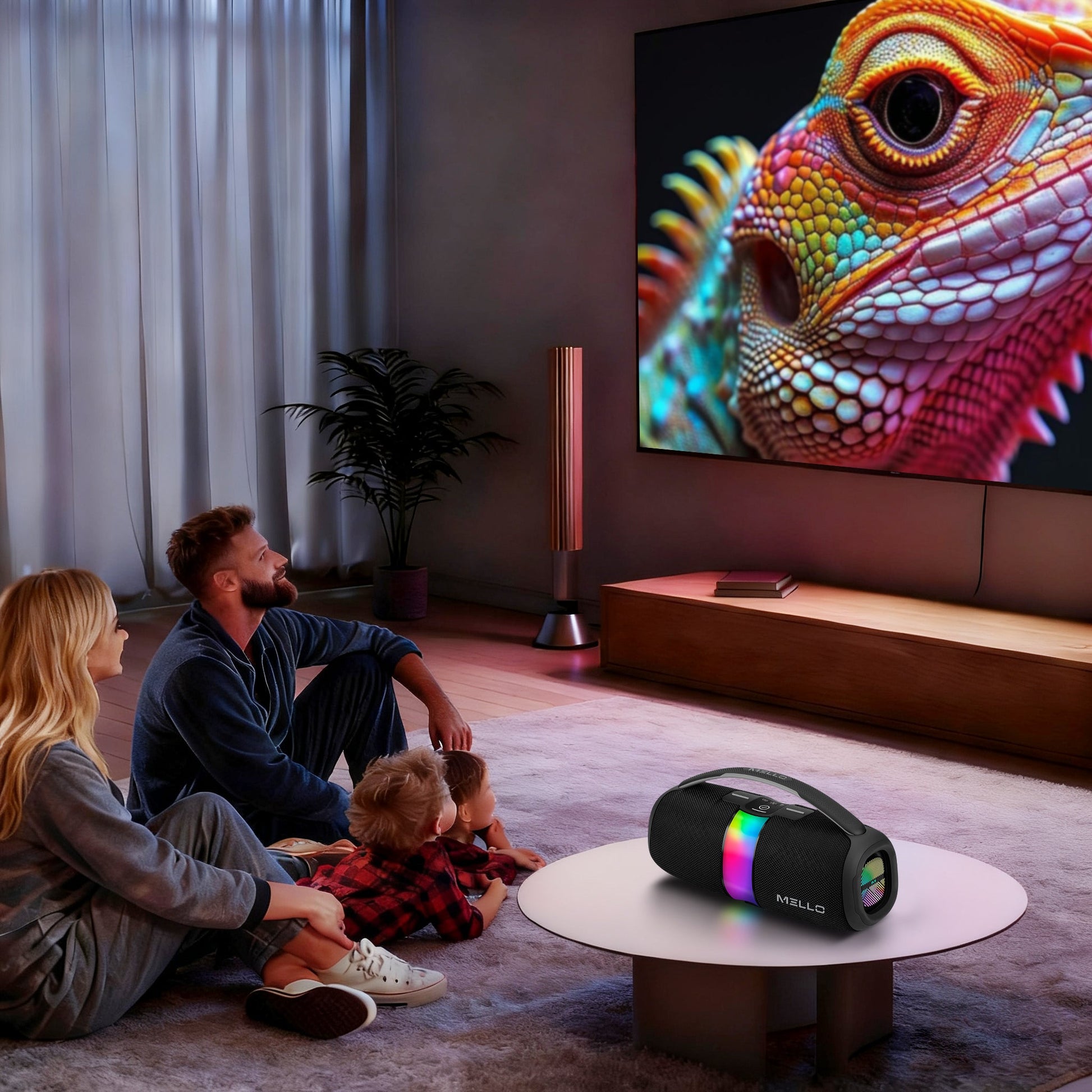 Family movie night with the Mello Nomix RGB Bluetooth speaker in a living room