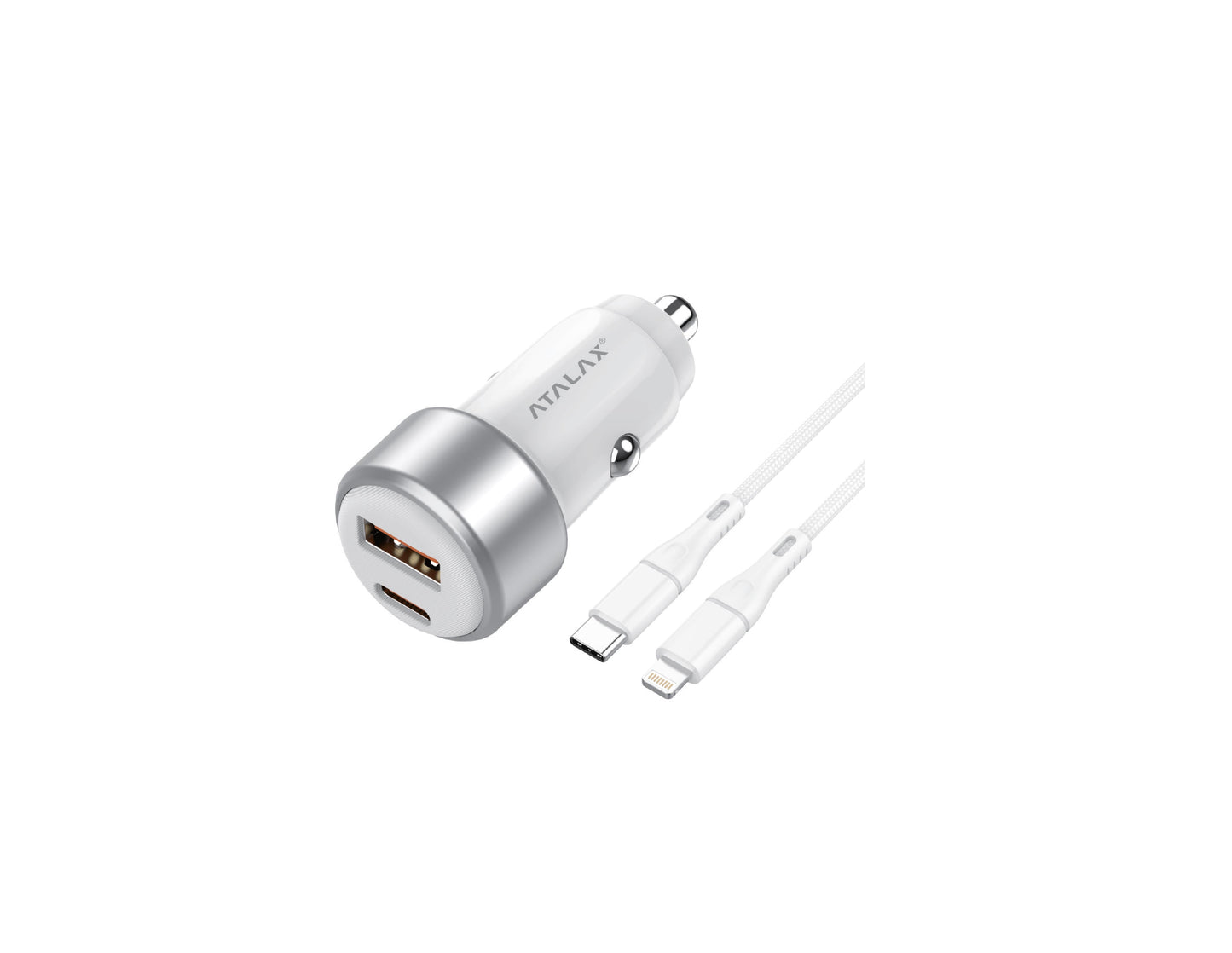 Atalax SurgeMax C9 65W Car Charger with 3ft Lightning Cable, White