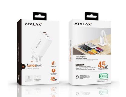 Atalax SurgeMax X13 45W 3-Port Wall Charger – Dual USB-C + USB-A, White