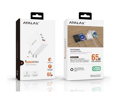 Atalax SurgeMax X12 65W 3-Port Wall Charger – Dual USB-C + USB-A, White
