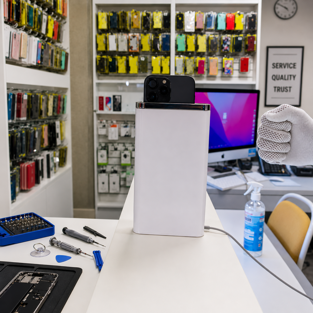 Inside the Pro iPhone Repair shop with phone case displays, repair tools, and service counter