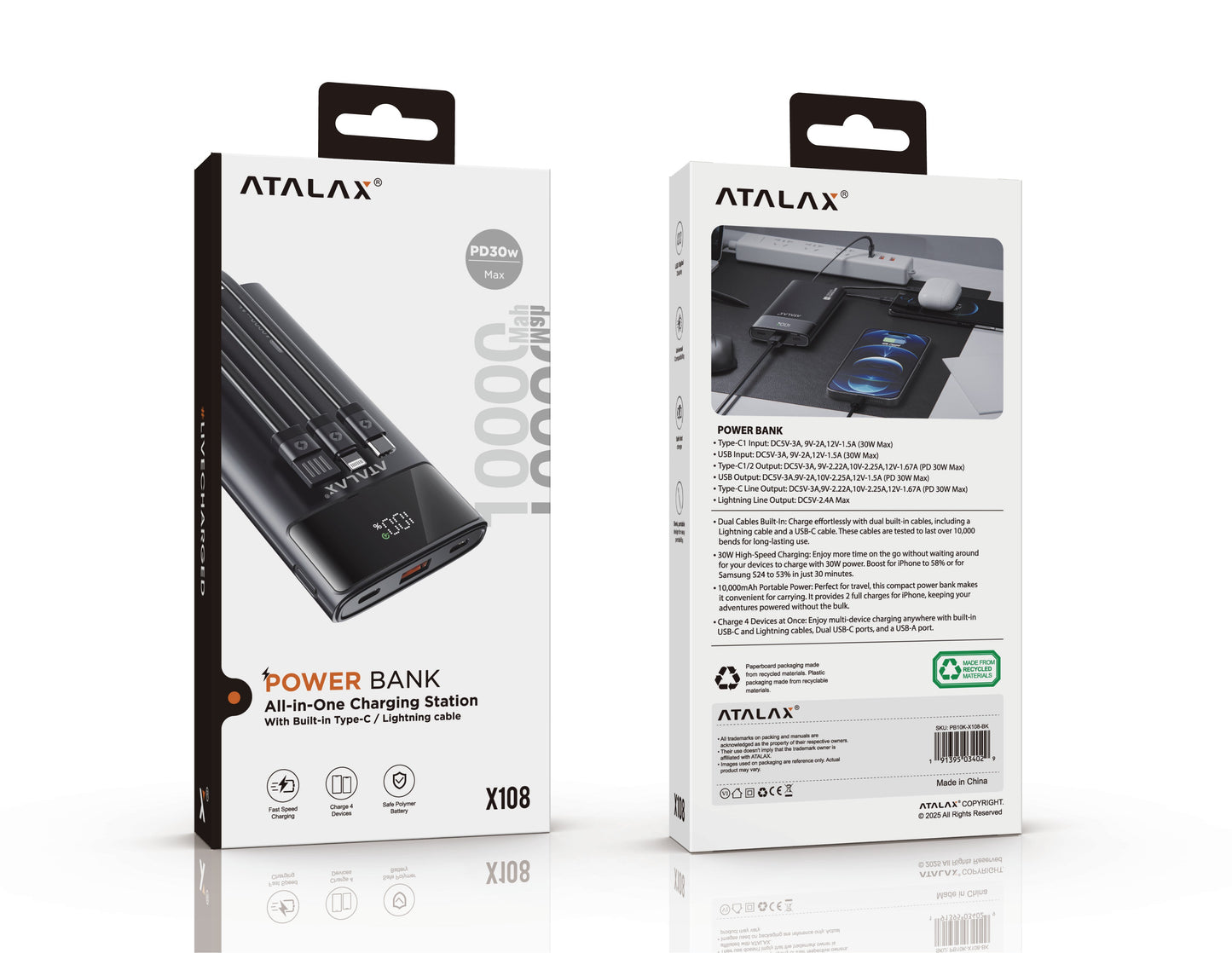 Atalax Uno 10,000 mAh Power Bank – Built-In USB-C & Lightning Cables, 30W, Black