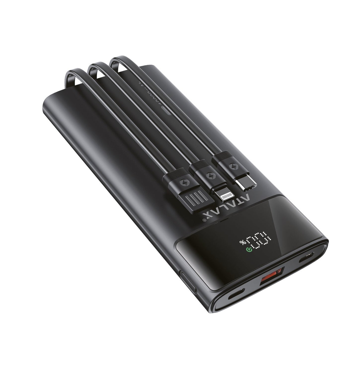 Atalax Uno 10,000 mAh Power Bank – Built-In USB-C & Lightning Cables, 30W, Black