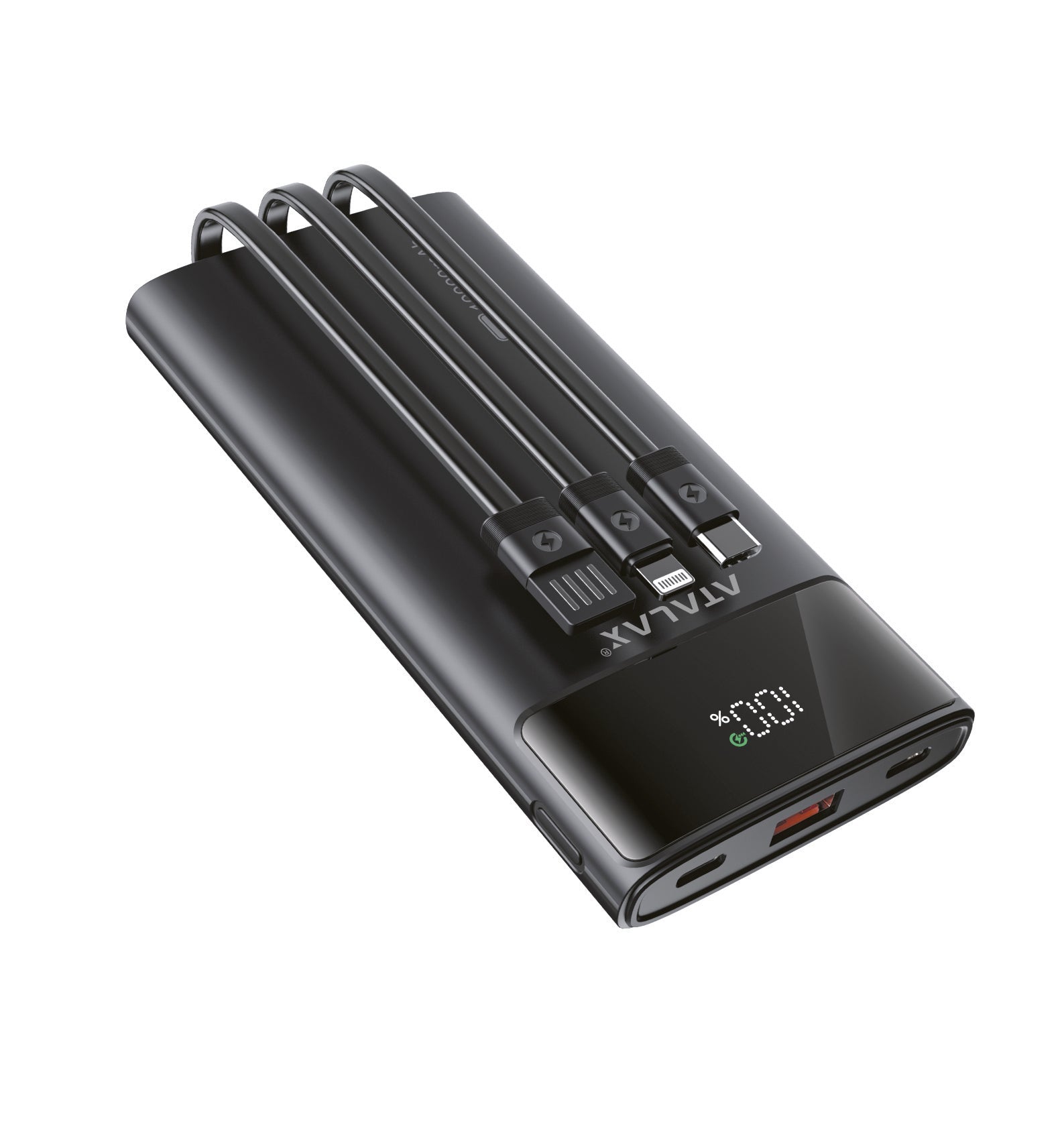 Atalax Uno 10,000 mAh Power Bank – Built-In USB-C & Lightning Cables, 30W, Black