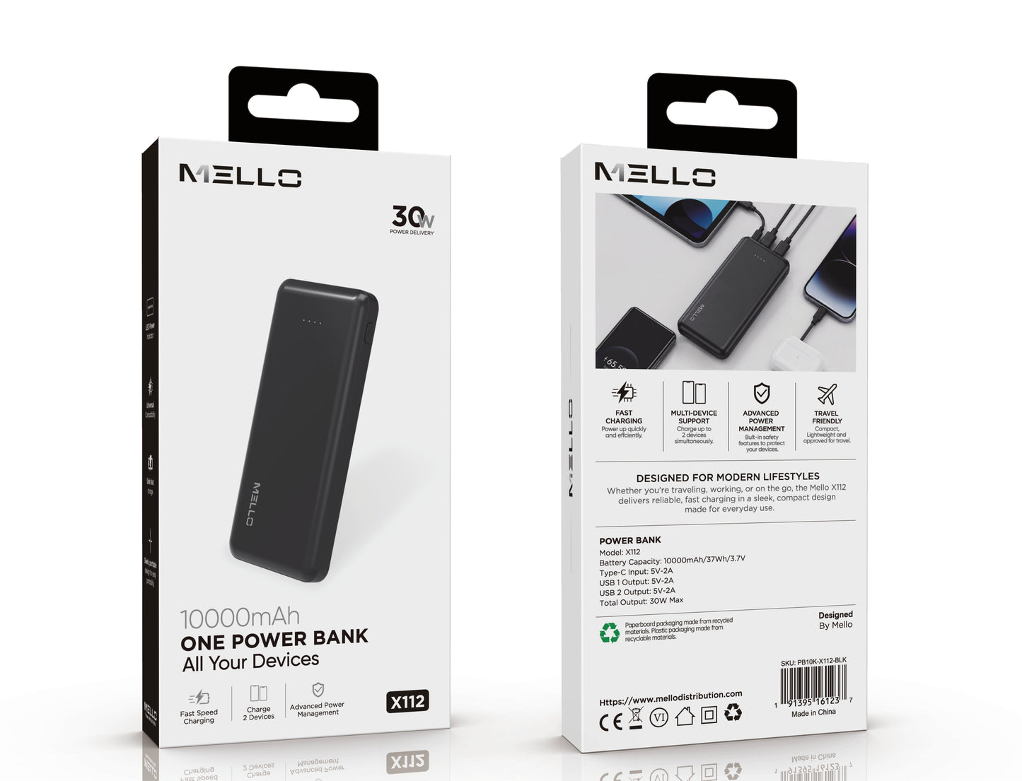 Mello Slate 10,000 mAh Slim Power Bank – USB-C + Dual USB-A, Black