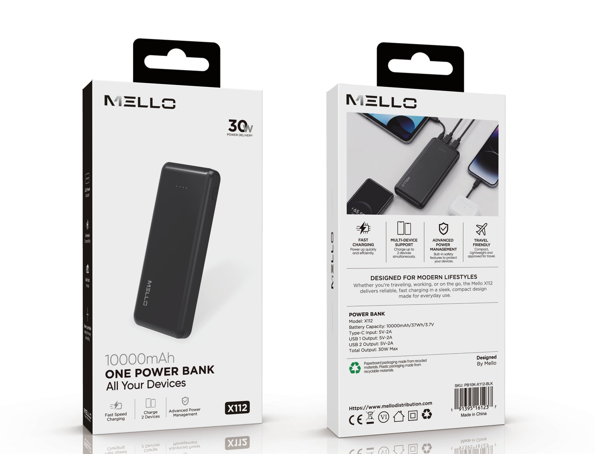 Mello Slate 10,000 mAh Slim Power Bank – USB-C + Dual USB-A, Black