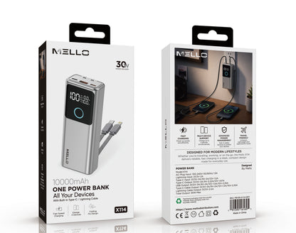 Mello Outlet 10,000 mAh Power Bank – Built-In AC Wall Plug & Cables, 30W, Gray