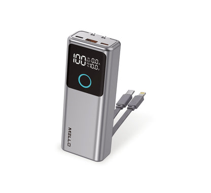 Mello Outlet 10,000 mAh Power Bank – Built-In AC Wall Plug & Cables, 30W, Gray
