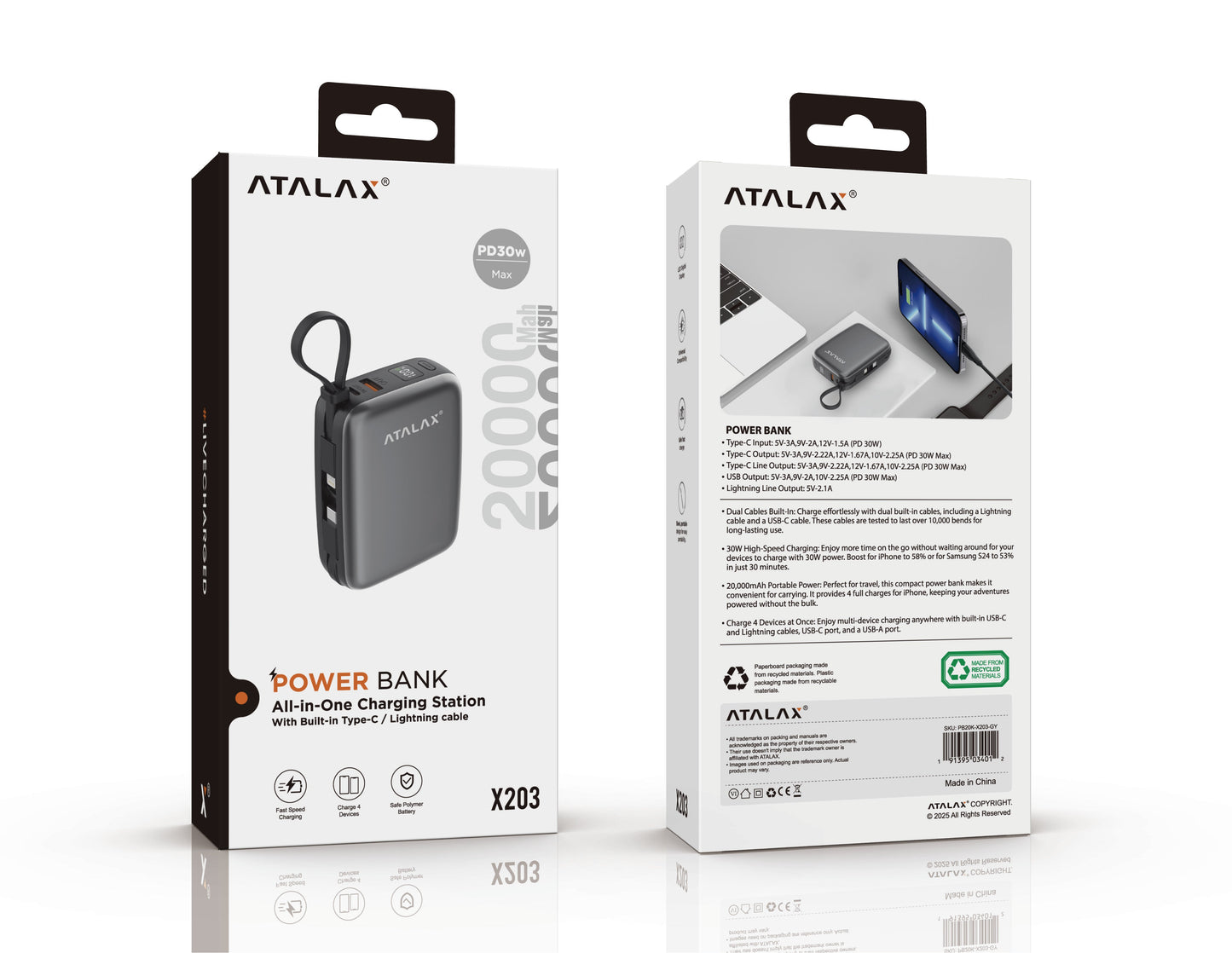Atalax Core 20,000 mAh Power Bank – Built-In USB-C & Lightning Cables, 30W, Gray