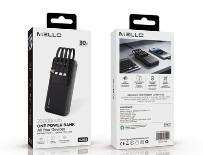 Mello Quad 20,000 mAh Power Bank – Built-In USB-C, Lightning & Micro Cables, Black