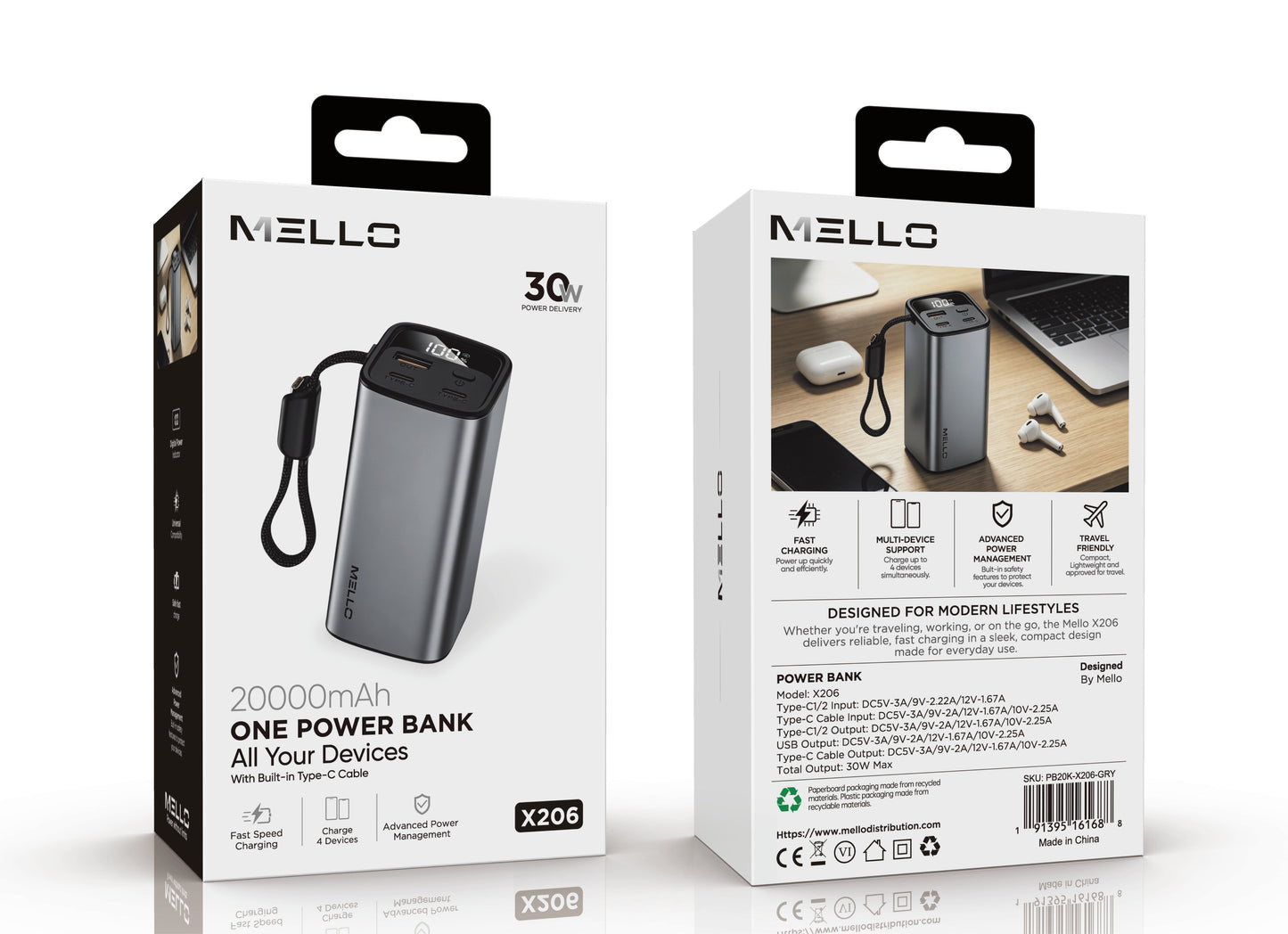 Mello Surge 20,000 mAh Power Bank – 30W Fast Charge, Built-In USB-C Cable, Gray
