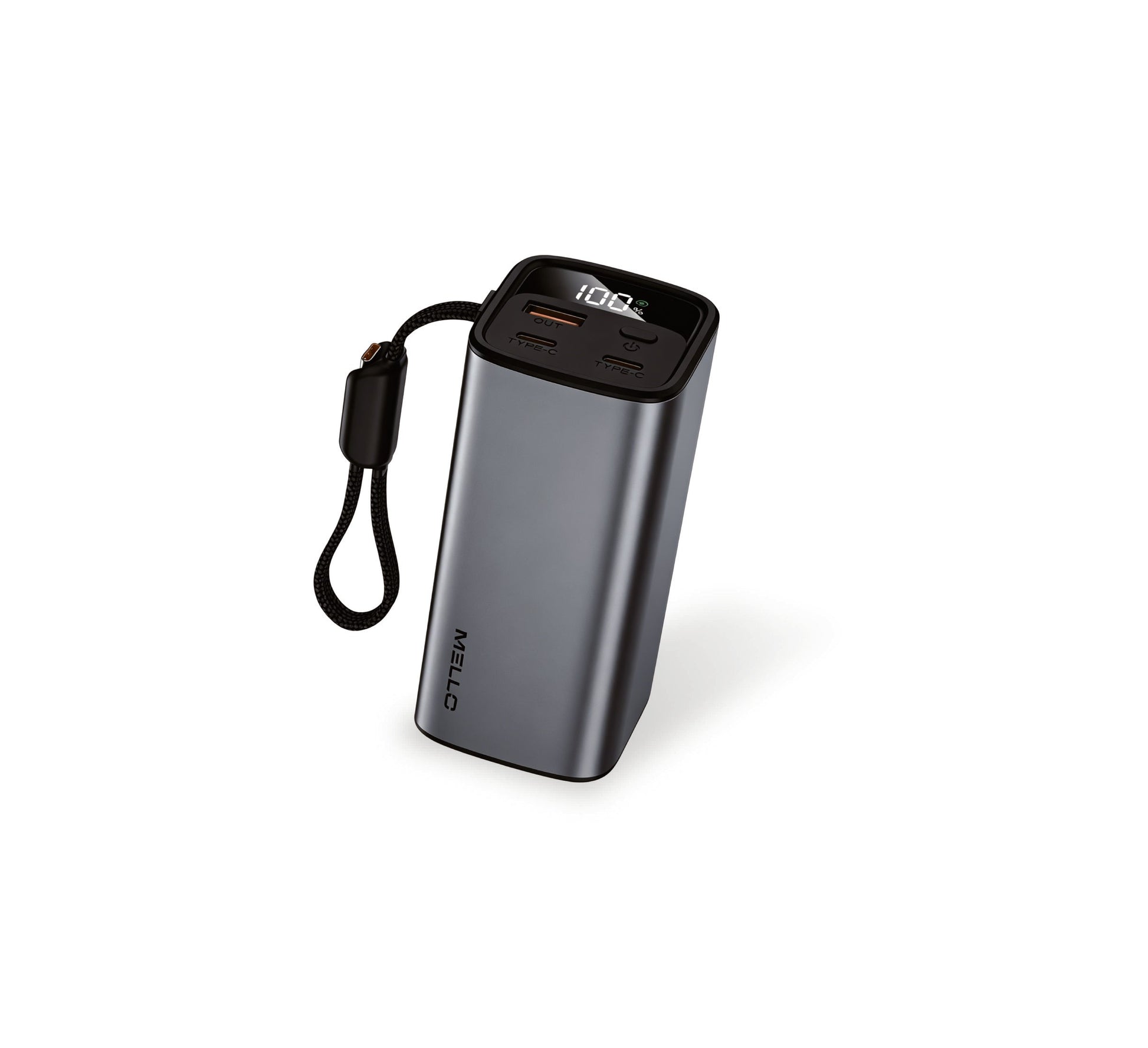 Mello Surge 20,000 mAh Power Bank – 30W Fast Charge, Built-In USB-C Cable, Gray