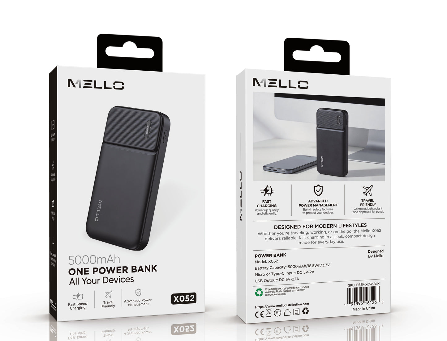 Mello Dash 5,000 mAh Slim Power Bank – USB-A Output, Black