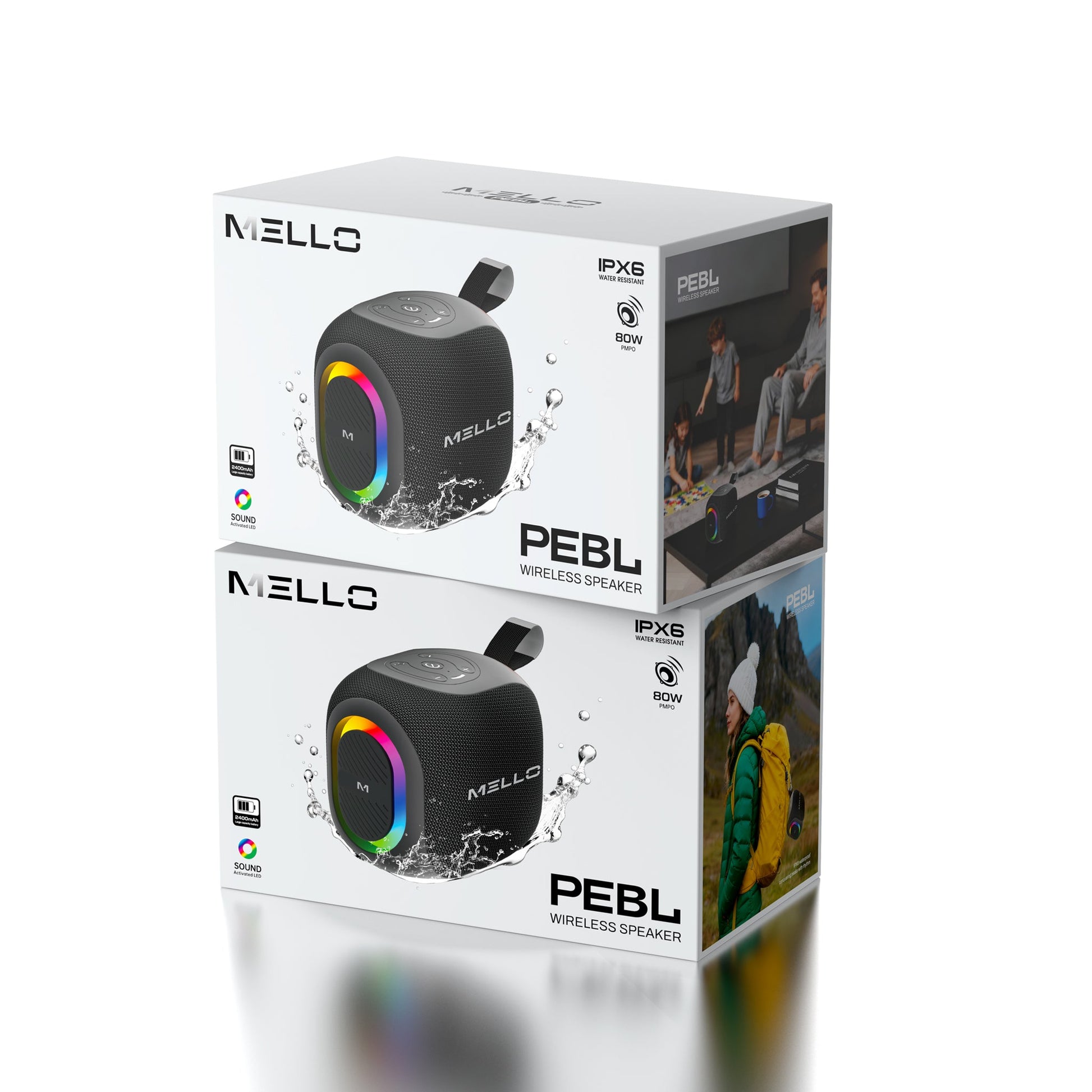 Retail packaging for the Mello Pebl 80W mini Bluetooth speaker in black