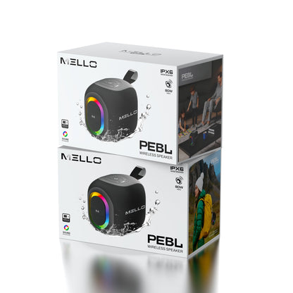 Retail packaging for the Mello Pebl 80W mini Bluetooth speaker in black