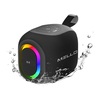 Black Mello Pebl compact Bluetooth speaker with RGB light ring and water splash