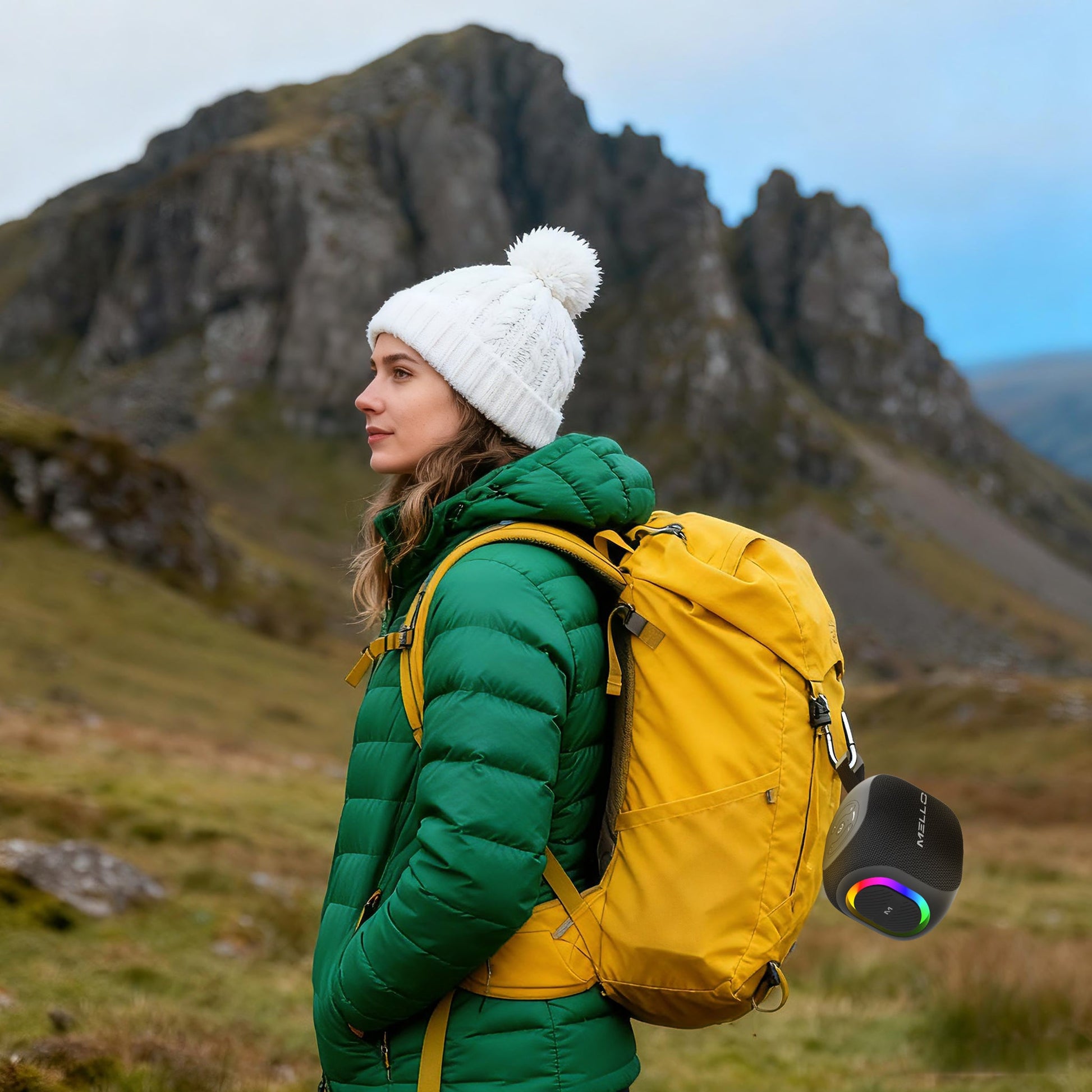 Mello Pebl mini speaker clipped to a yellow hiking backpack in the mountains