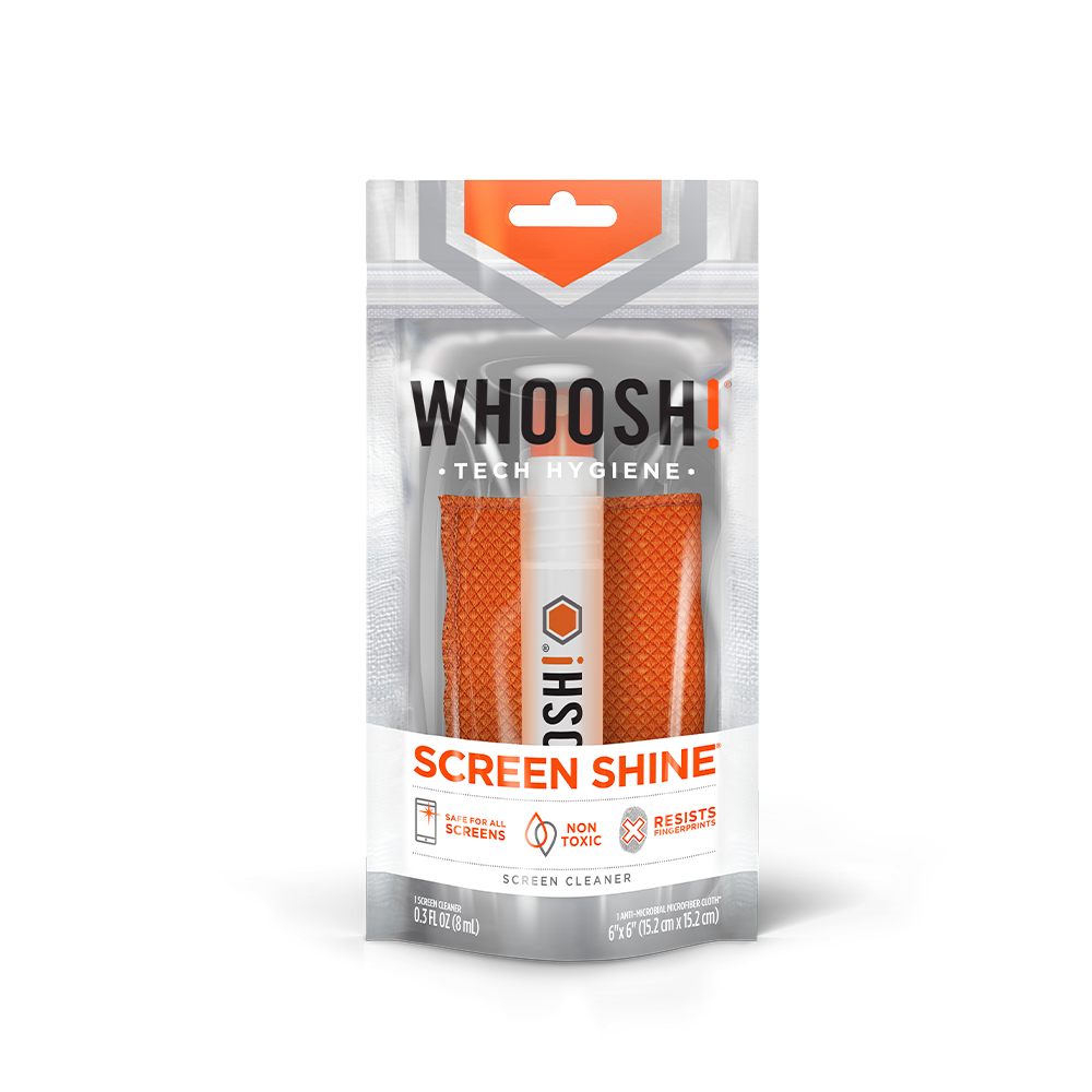 Whoosh Screen Shine Pocket 8 mL screen cleaner in its orange and white retail hang pack