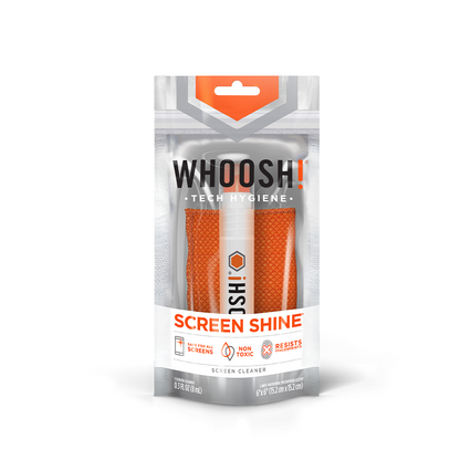 Whoosh Screen Shine Pocket 8 mL screen cleaner in its orange and white retail hang pack