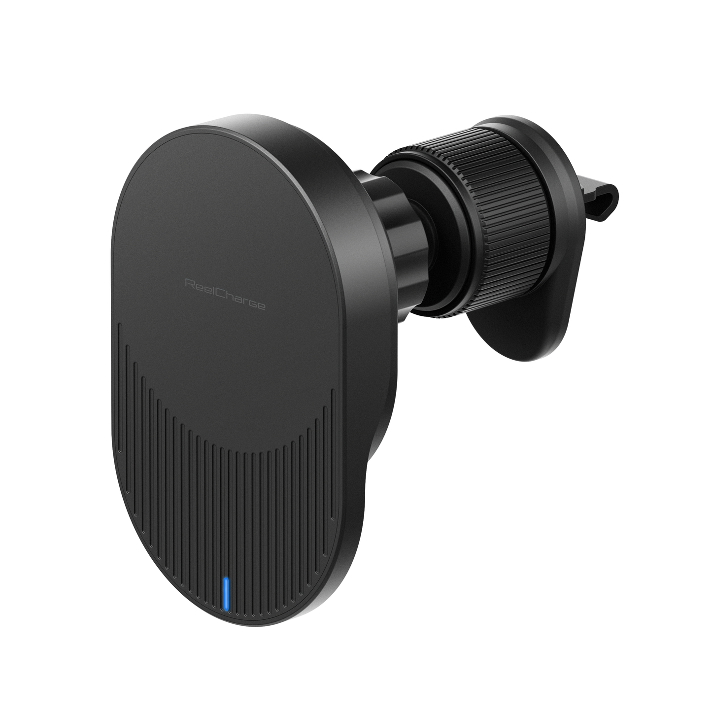 Front view of the ReelCharge wireless vent mount showing the ribbed magnetic charging face and vent clip