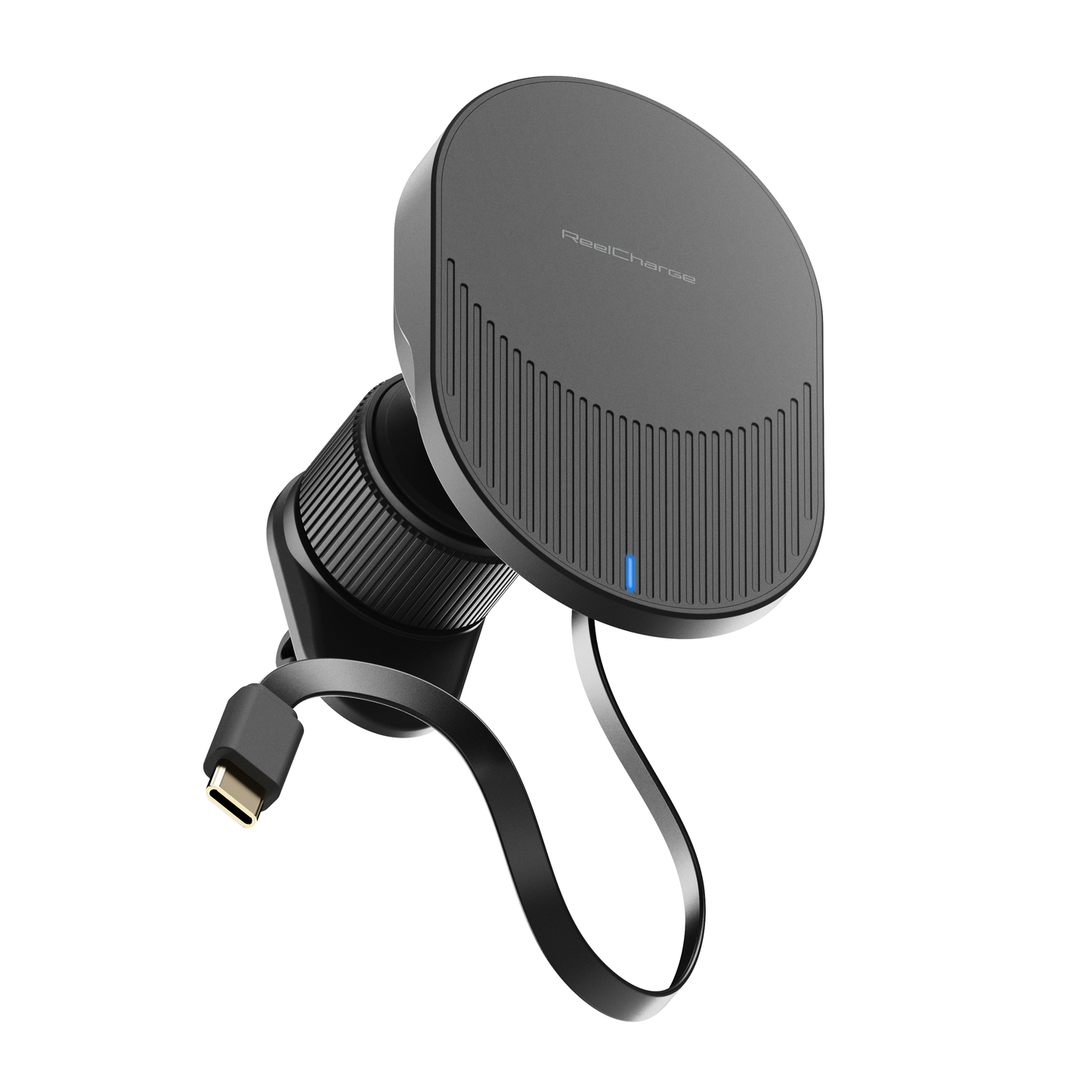 ReelCharge vent-mounted wireless car charger in black with the retractable USB-C cable extended