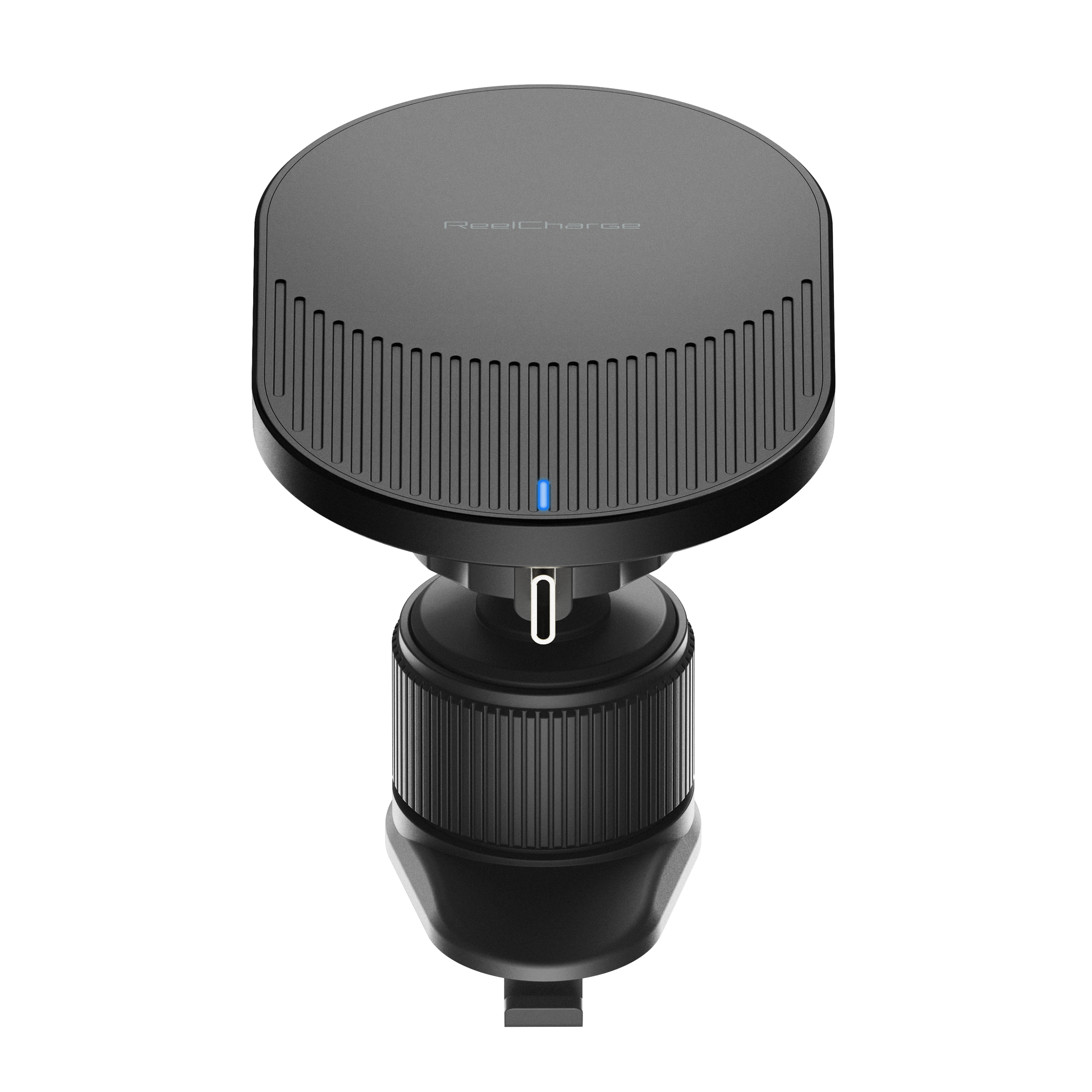 Rear angle of the ReelCharge wireless vent mount showing the adjustment knob
