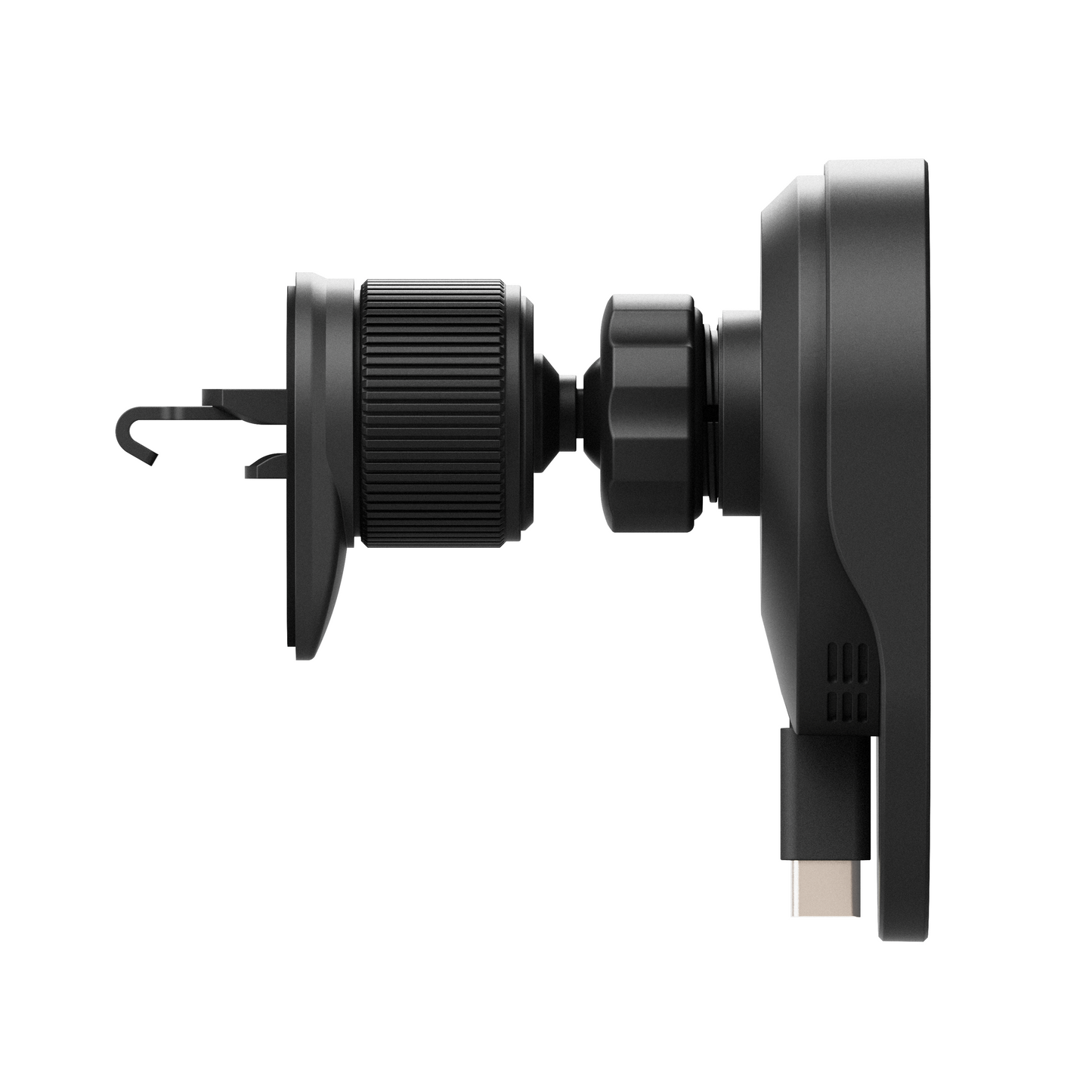 Side profile of the ReelCharge vent mount charger showing the vent clip and retractable cable