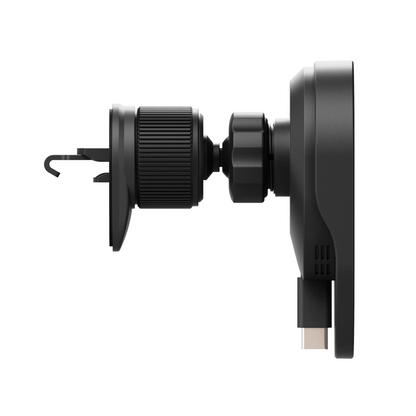 Side profile of the ReelCharge vent mount charger showing the vent clip and retractable cable