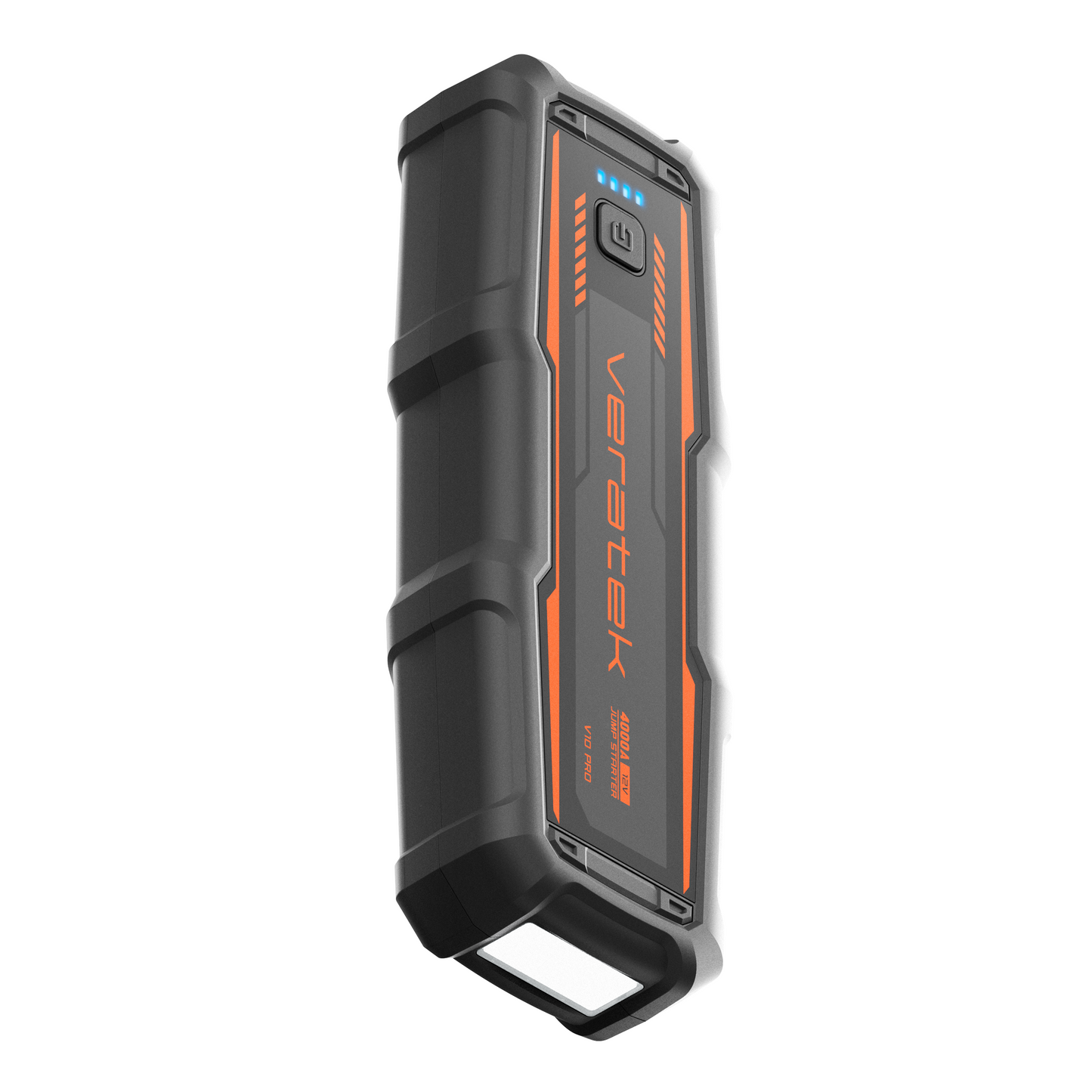 Veratek V10 Pro jump starter in black and orange with charge indicator lights and built-in LED flashlight
