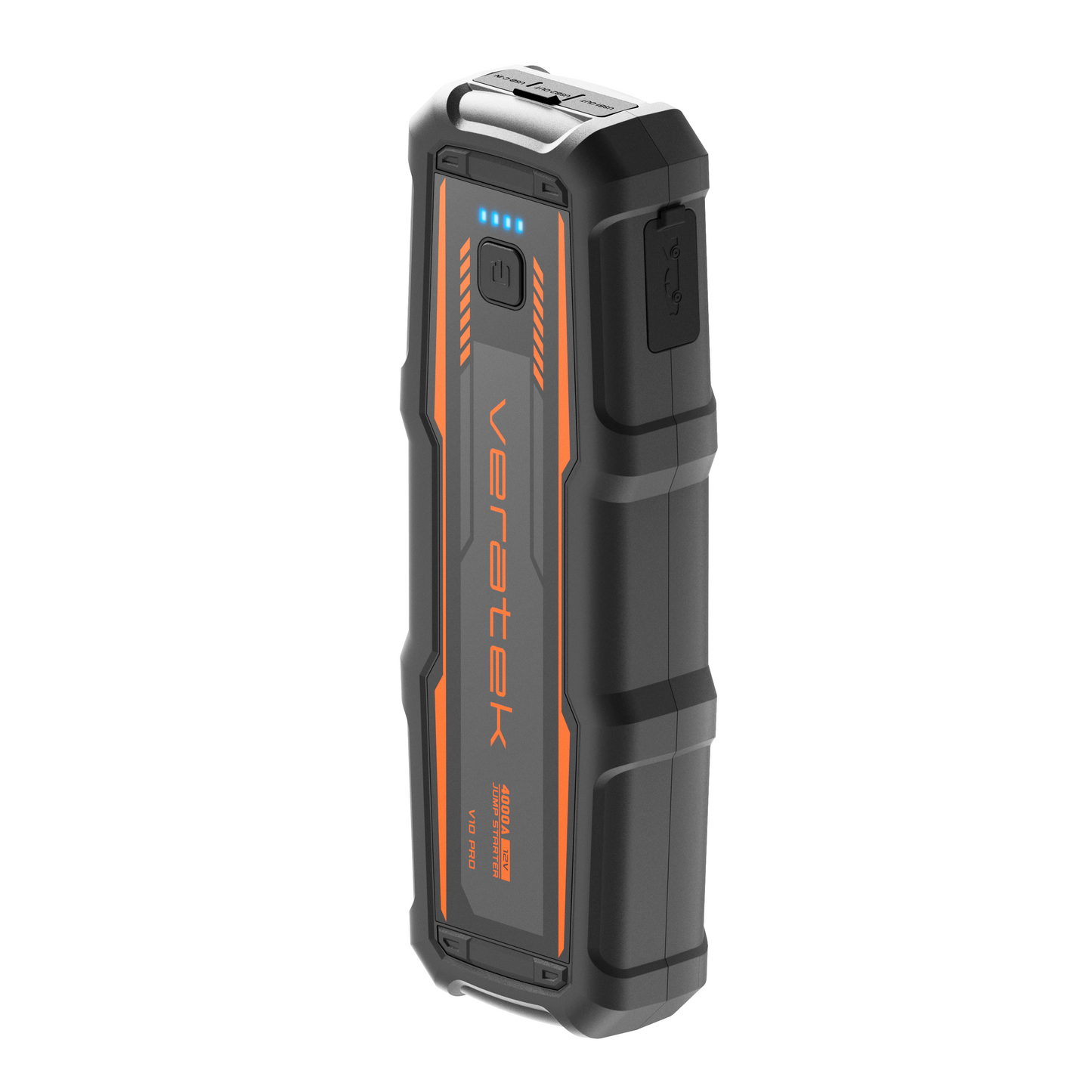 Angled front view of the Veratek V10 Pro jump starter showing the LED charge indicators
