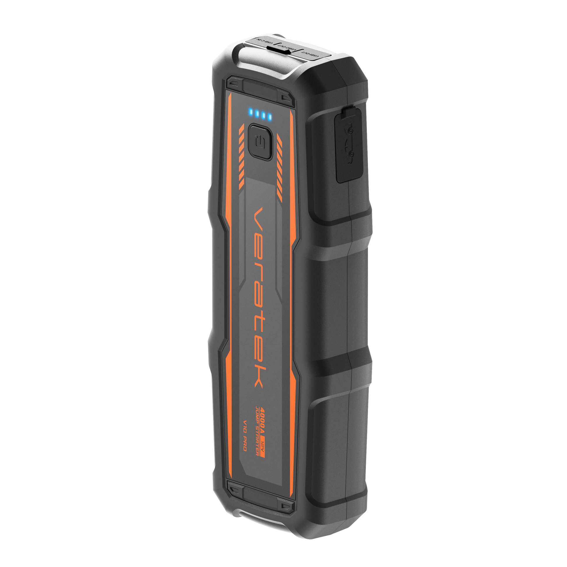 Angled front view of the Veratek V10 Pro jump starter showing the LED charge indicators