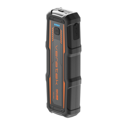 Angled front view of the Veratek V10 Pro jump starter showing the LED charge indicators