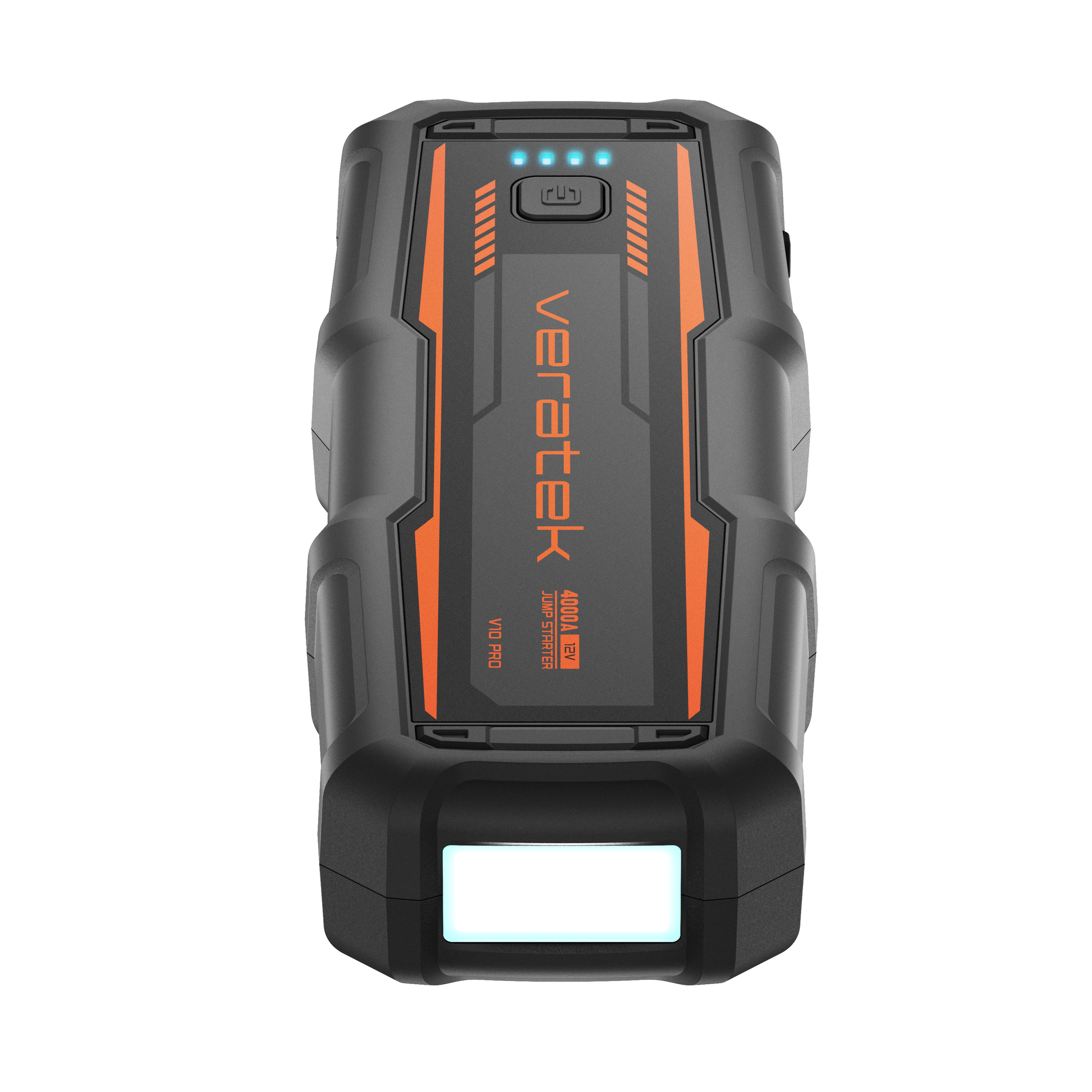 Front view of the Veratek V10 Pro jump starter with the LED flashlight lens