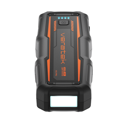 Front view of the Veratek V10 Pro jump starter with the LED flashlight lens