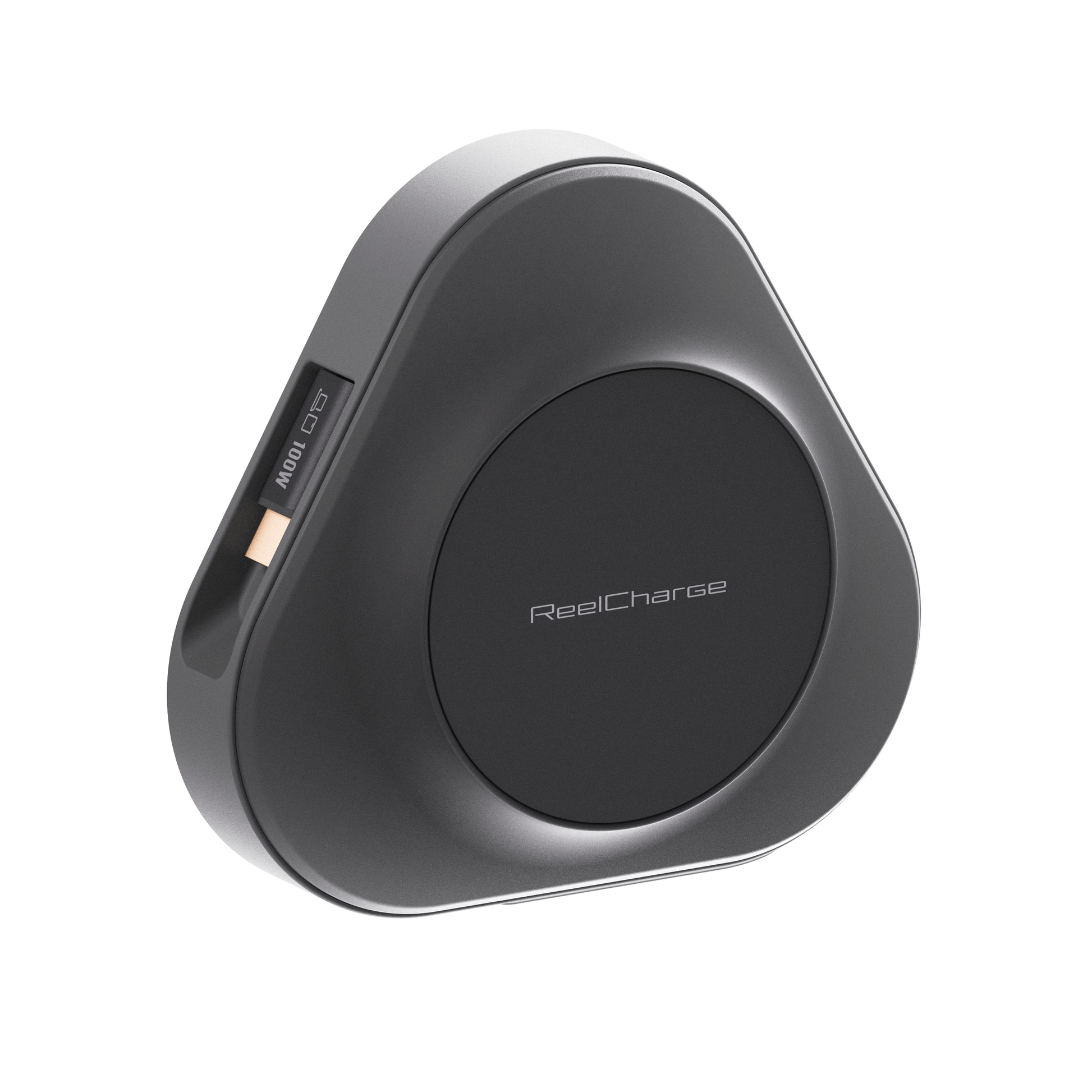 Angled view of the black ReelCharge 100W power station showing the wireless charging pad