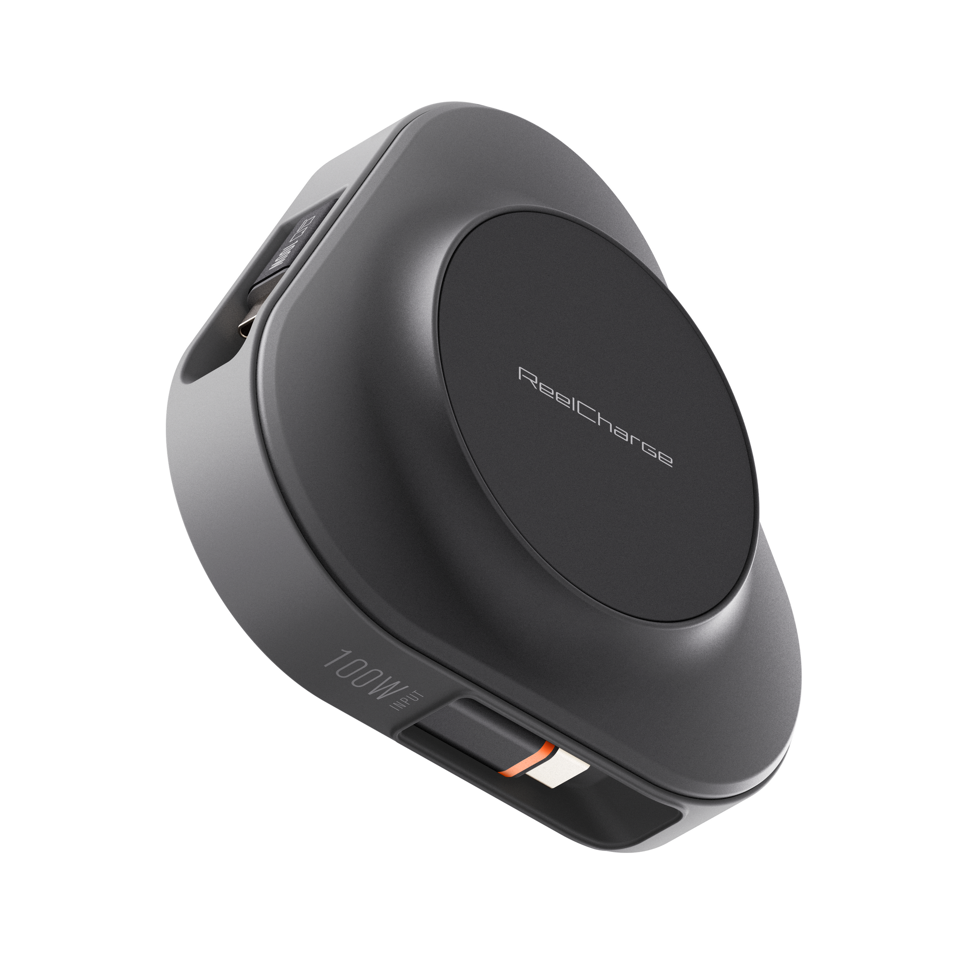 Angled view of the black ReelCharge 100W wireless charging power station