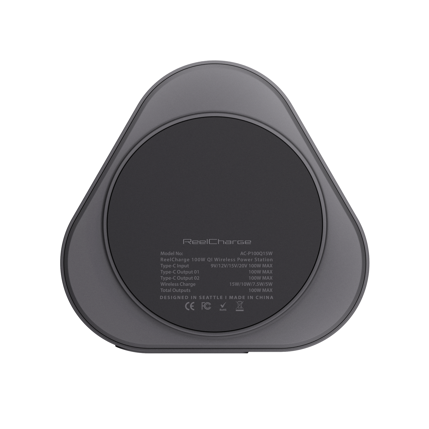 Underside of the black ReelCharge 100W power station showing the specification label