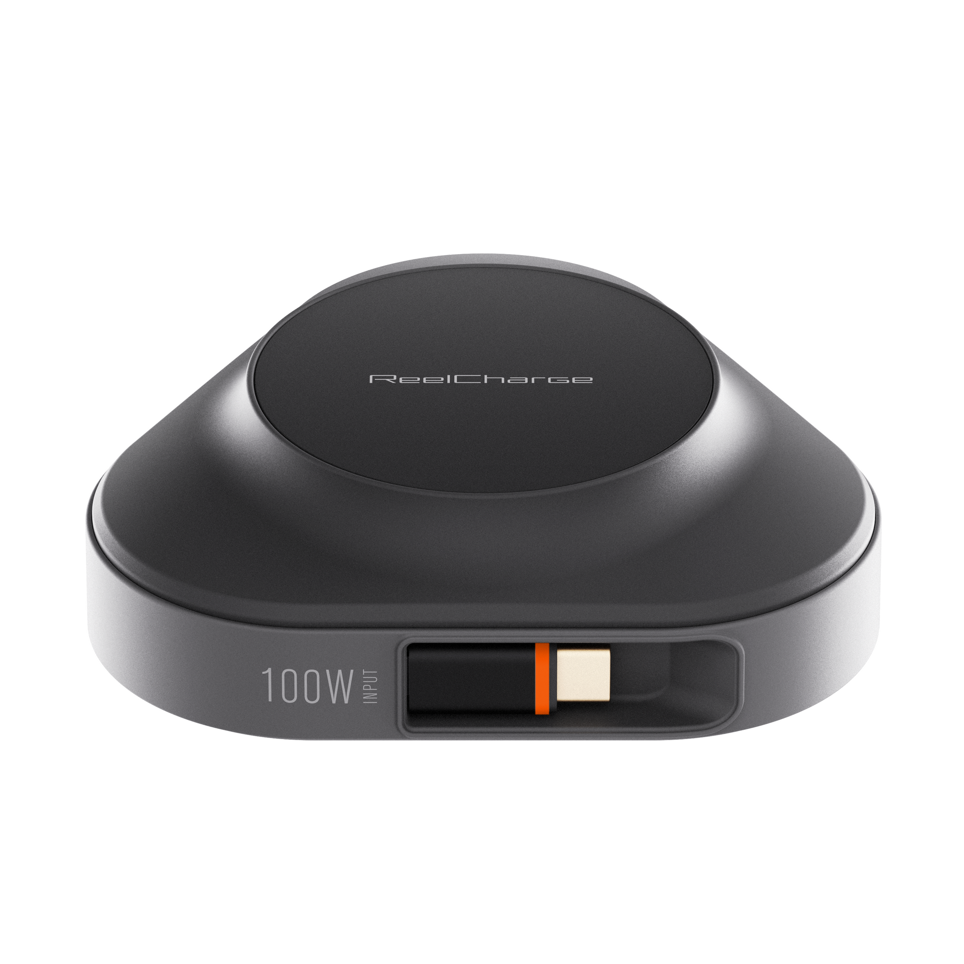 Front view of the black ReelCharge 100W power station wireless charging pad