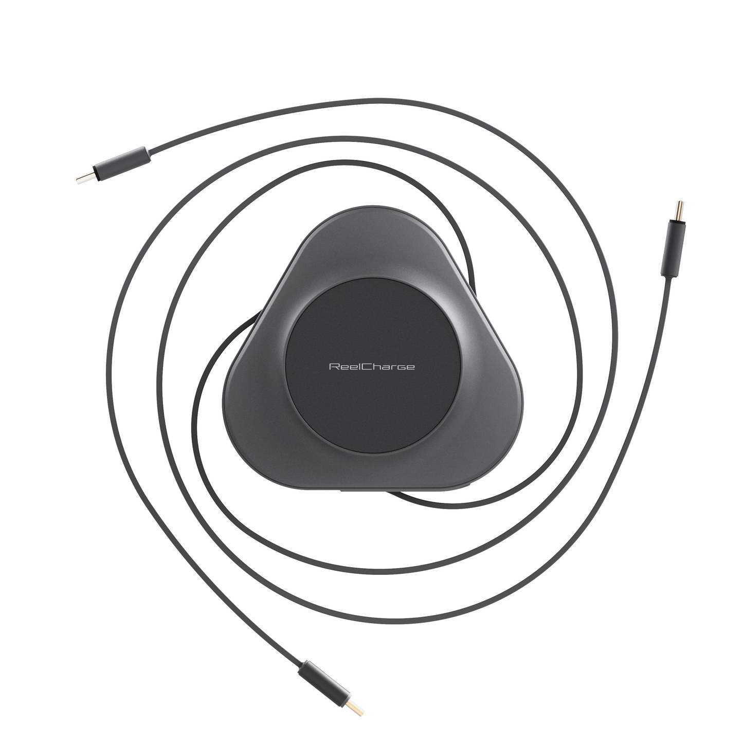 ReelCharge 3-in-1 Universal 100W power station in black with its retractable USB-C cables extended and coiled