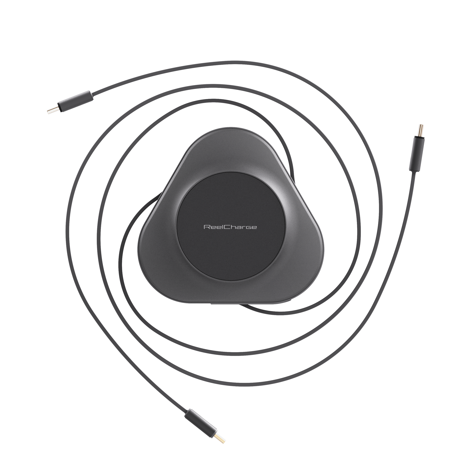 ReelCharge 3-in-1 Universal 100W power station in black with its retractable USB-C cables extended and coiled