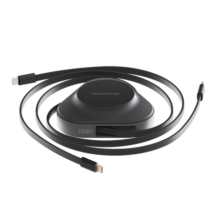 Black ReelCharge 100W power station with a retractable USB-C cable coiled around it