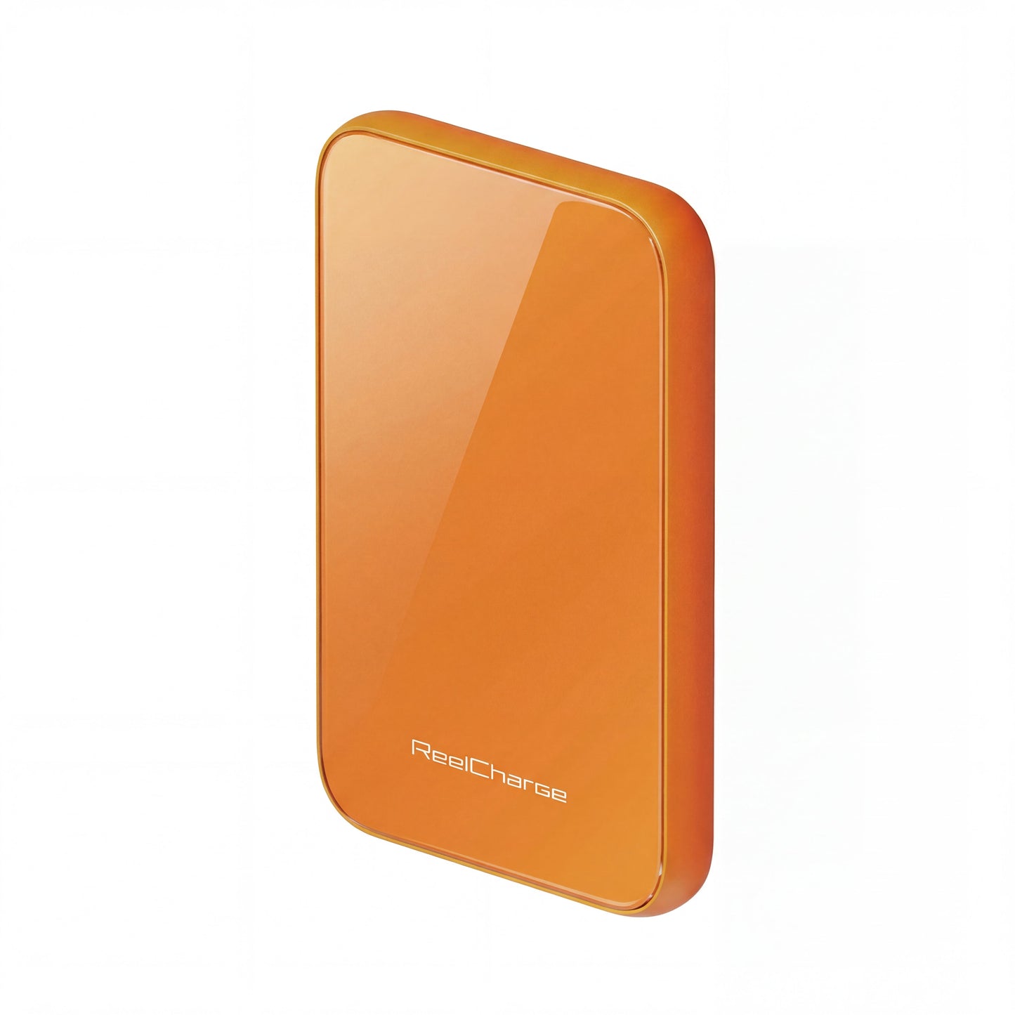 Edge view of the orange tempered glass ReelSafe power bank showing the glossy finish