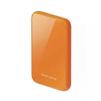 Edge view of the orange tempered glass ReelSafe power bank showing the glossy finish