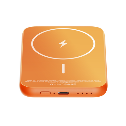 ReelSafe premium 5,000 mAh wireless power bank in orange tempered glass with the magnetic ring