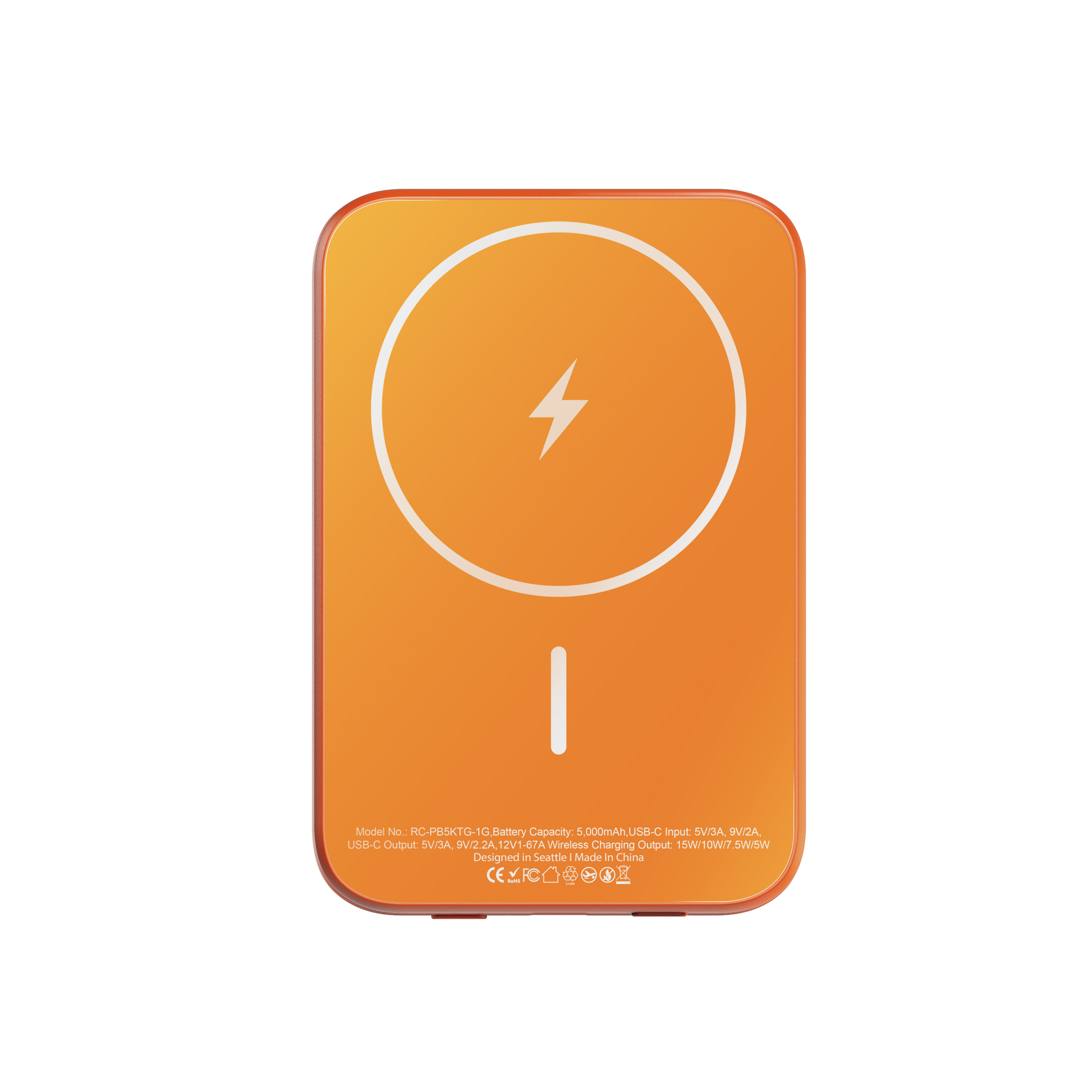 Front view of the orange ReelSafe 5,000 mAh magnetic wireless power bank