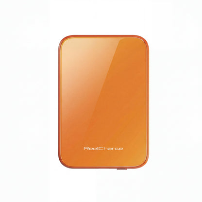 Orange tempered glass ReelSafe 5,000 mAh power bank shown face-on