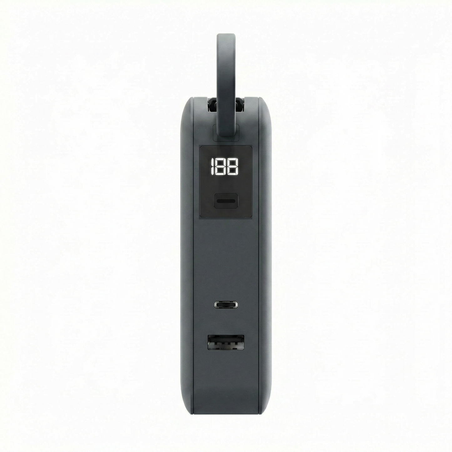 Gray ReelCharge Flex 65W power bank side view showing the LED display, USB-C and USB-A ports