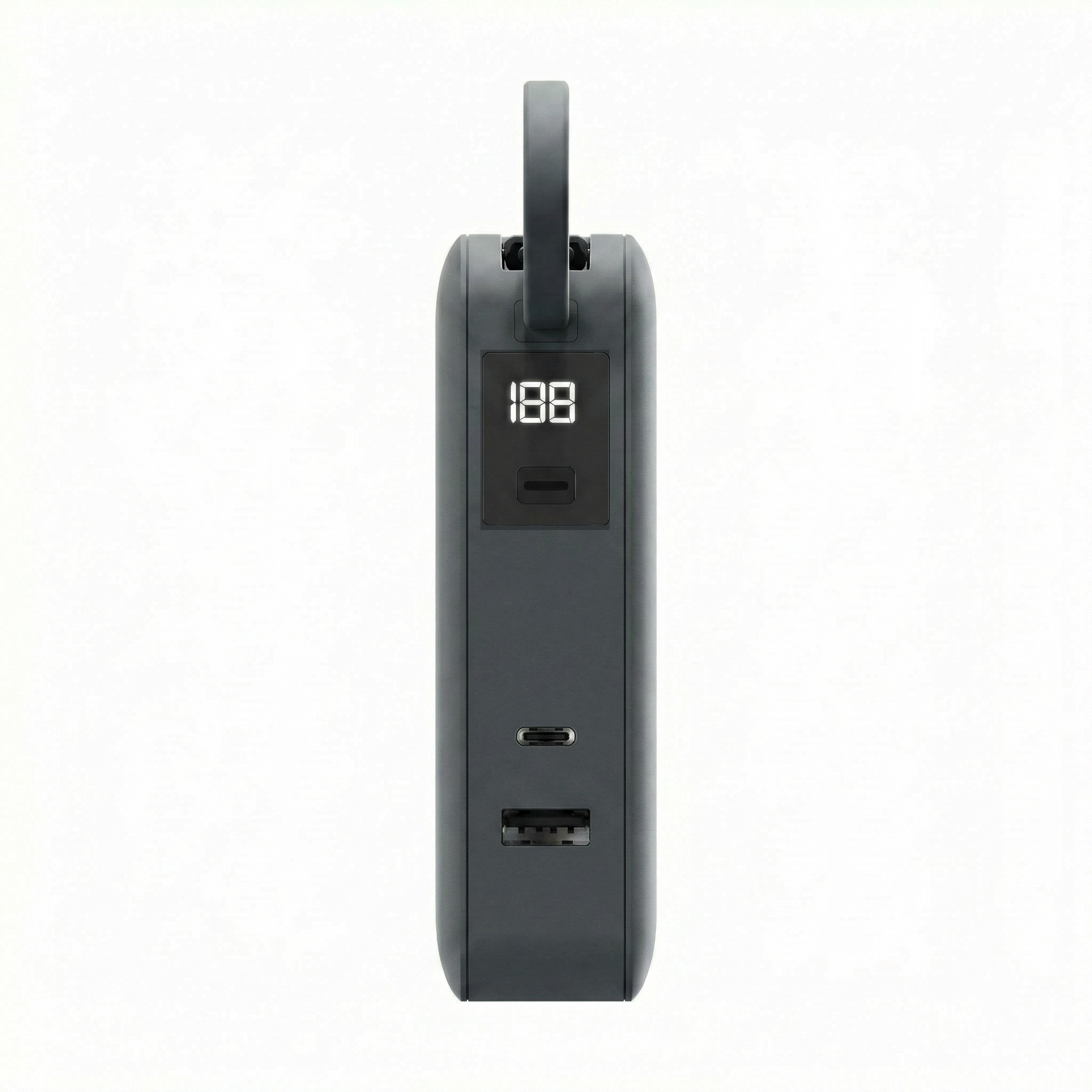 Gray ReelCharge Flex 65W power bank side view showing the LED display, USB-C and USB-A ports