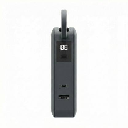 Gray ReelCharge Flex 65W power bank side view showing the LED display, USB-C and USB-A ports